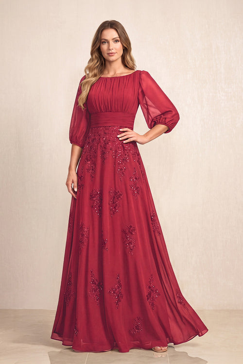 Burgundy Chiffon A-Line Embroidered Boat Neck Long Mother of the Bride Dress | KISSBRIDAL