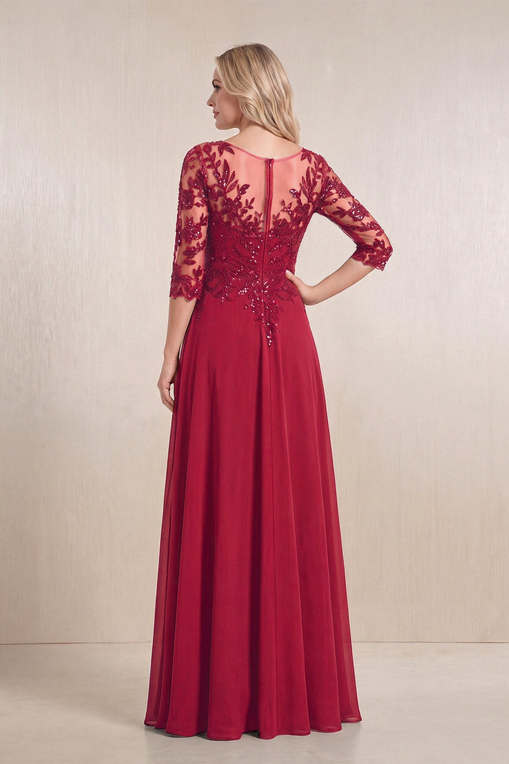 Burgundy Chiffon A-Line Embroidered Mother of the Bride Dress With Sleeves