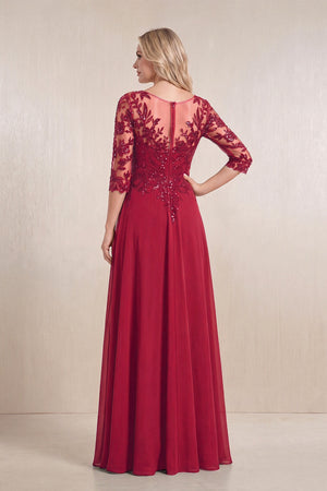 Burgundy Chiffon A-Line Embroidered Mother of the Bride Dress With Sleeves (2) | KISSBRIDAL