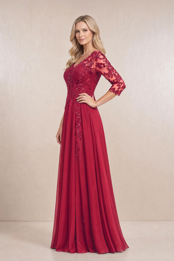 Burgundy Chiffon A-Line Embroidered Mother of the Bride Dress With Sleeves (3) | KISSBRIDAL