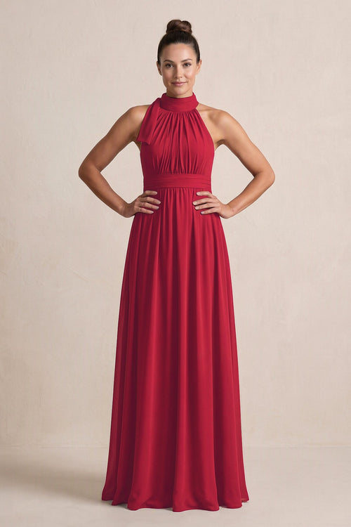 Burgundy Chiffon Halter A-Line Mother of the Bride Dress | KISSBRIDAL