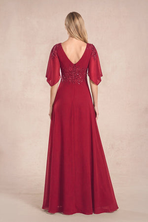 Burgundy Chiffon Lone Sleeves A-Line V-Neck Embroidered Mother of the Bride Dress (2) | KISSBRIDAL
