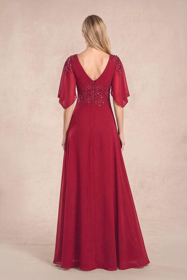 Burgundy Chiffon Lone Sleeves A-Line V-Neck Embroidered Mother of the Bride Dress (2) | KISSBRIDAL