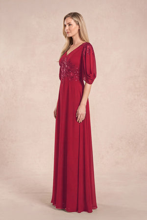 Burgundy Chiffon Lone Sleeves A-Line V-Neck Embroidered Mother of the Bride Dress (3) | KISSBRIDAL