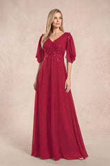 Burgundy Chiffon Lone Sleeves A-Line V-Neck Embroidered Mother of the Bride Dress | KISSBRIDAL