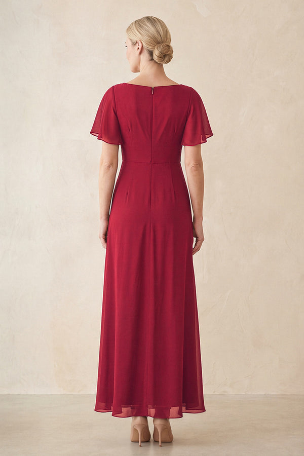 Burgundy Chiffon Ruched A-Line Ruffled Sleeves Midi Mother of the Bride Dress (2) | KISSBRIDAL