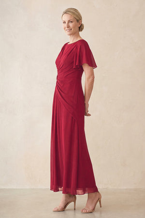 Burgundy Chiffon Ruched A-Line Ruffled Sleeves Midi Mother of the Bride Dress (3) | KISSBRIDAL