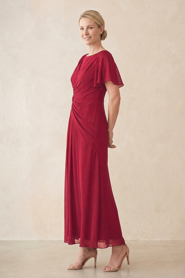 Burgundy Chiffon Ruched A-Line Ruffled Sleeves Midi Mother of the Bride Dress (3) | KISSBRIDAL