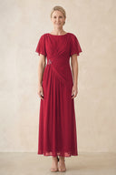 Burgundy Chiffon Ruched A-Line Ruffled Sleeves Midi Mother of the Bride Dress | KISSBRIDAL