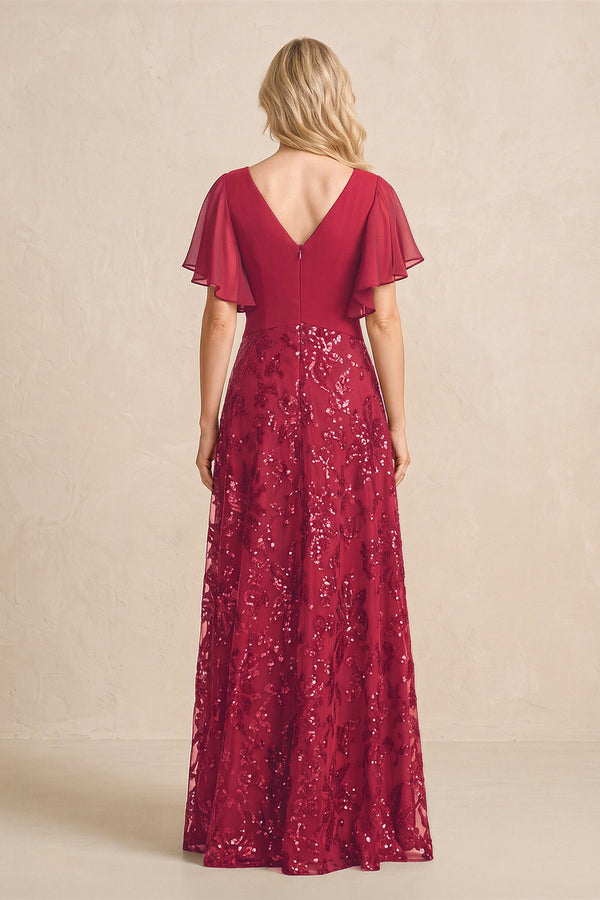 Burgundy Chiffon V-Neck A-Line Embroidered Mother of the Bride Dress with Ruffled Sleeves (2) | KISSBRIDAL