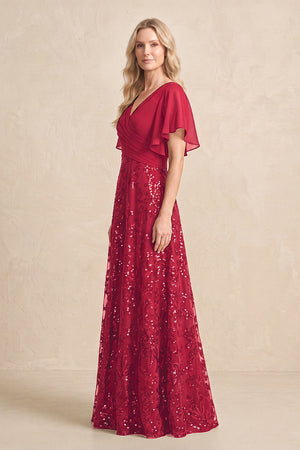 Burgundy Chiffon V-Neck A-Line Embroidered Mother of the Bride Dress with Ruffled Sleeves (3) | KISSBRIDAL