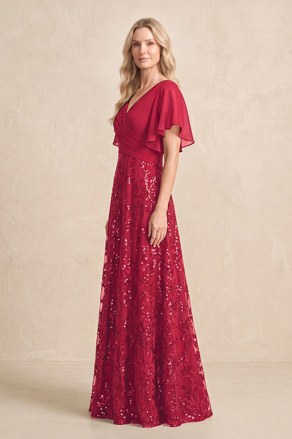 Burgundy Chiffon V-Neck A-Line Embroidered Mother of the Bride Dress with Ruffled Sleeves (3) | KISSBRIDAL