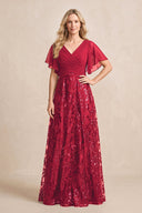 Burgundy Chiffon V-Neck A-Line Embroidered Mother of the Bride Dress with Ruffled Sleeves | KISSBRIDAL