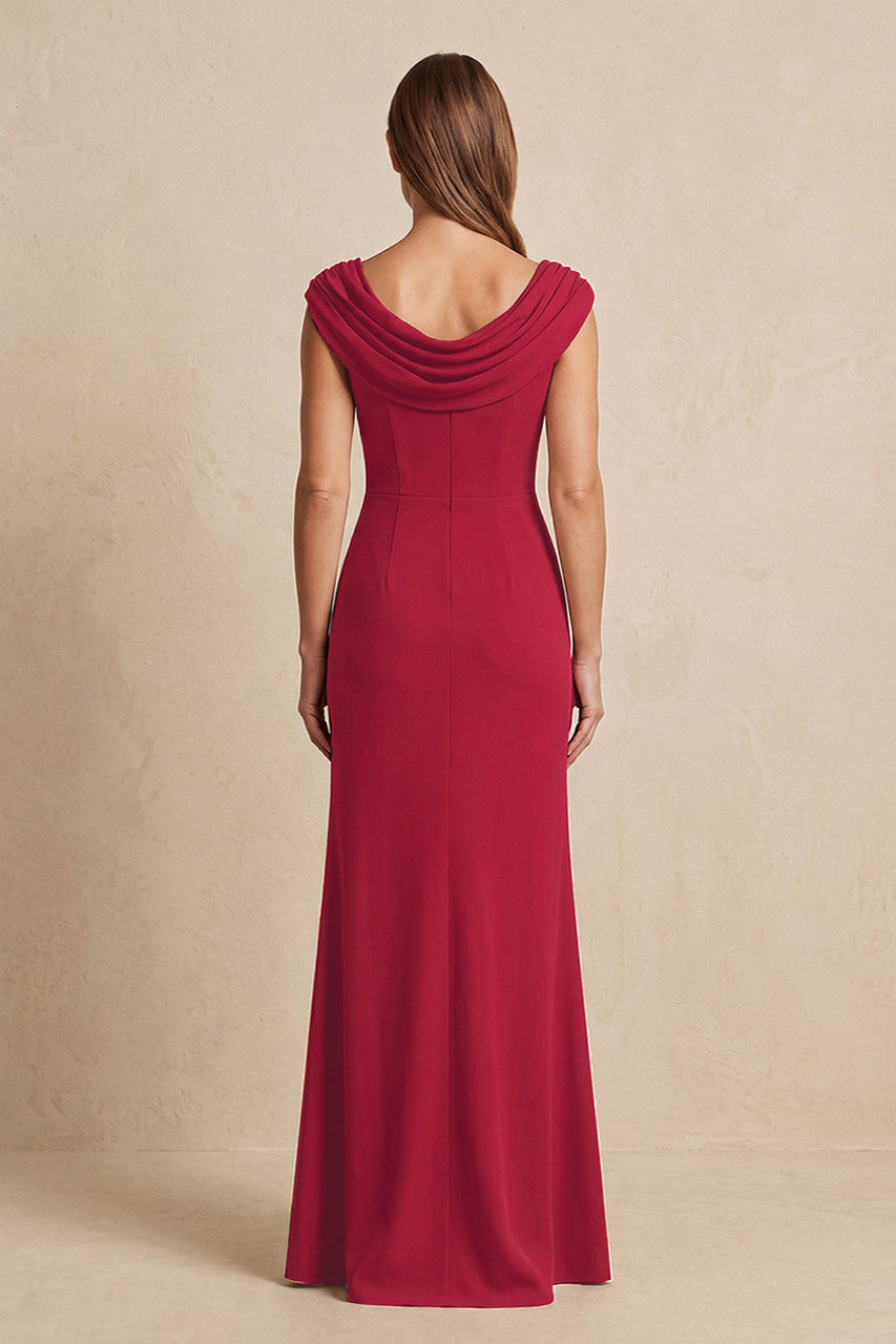 Burgundy Cowl Neck Sheath Chiffon Mother of the Bride Dress with Slit and Cap Sleeves