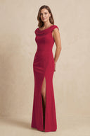 Burgundy Cowl Neck Sheath Chiffon Mother of the Bride Dress with Slit and Cap Sleeves | KISSBRIDAL
