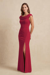 Burgundy Cowl Neck Sheath Chiffon Mother of the Bride Dress with Slit and Cap Sleeves | KISSBRIDAL