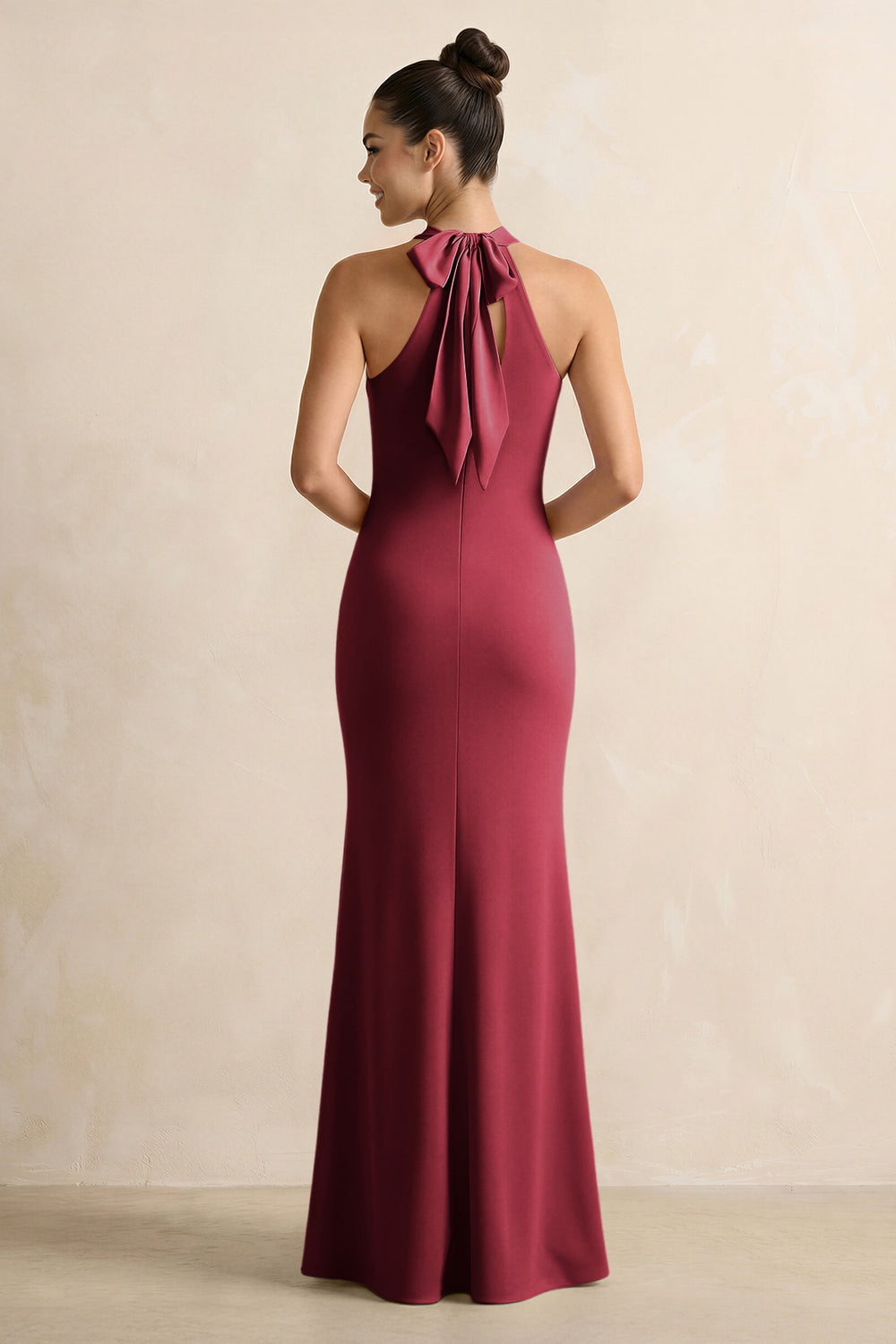 Crisscross Halter Sheath Satin Bridesmaid Dress with Bow in Burgundy
