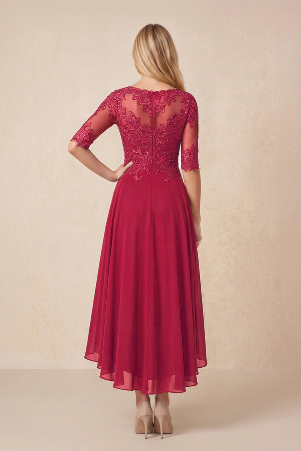 Burgundy Embroidered A-Line Chiffon Midi Mother of the Bride Dress with Sleeves (2) | KISSBRIDAL