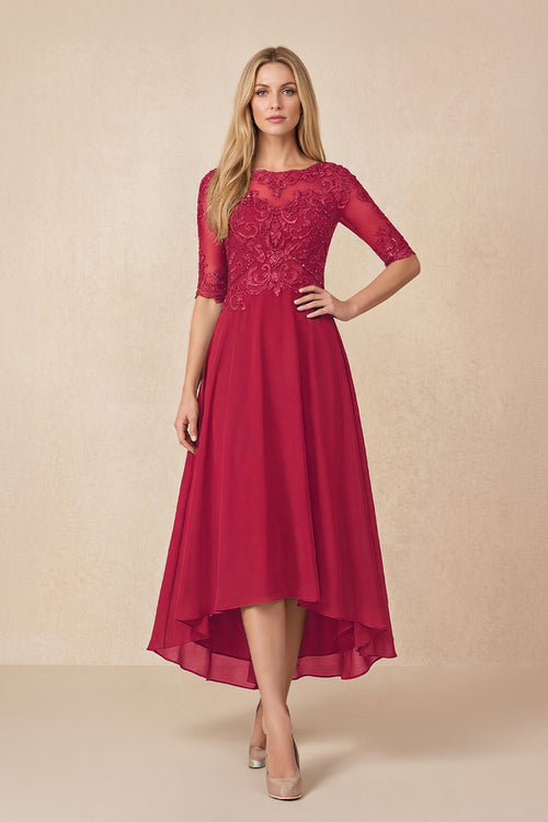 Burgundy Embroidered A-Line Chiffon Midi Mother of the Bride Dress with Sleeves | KISSBRIDAL