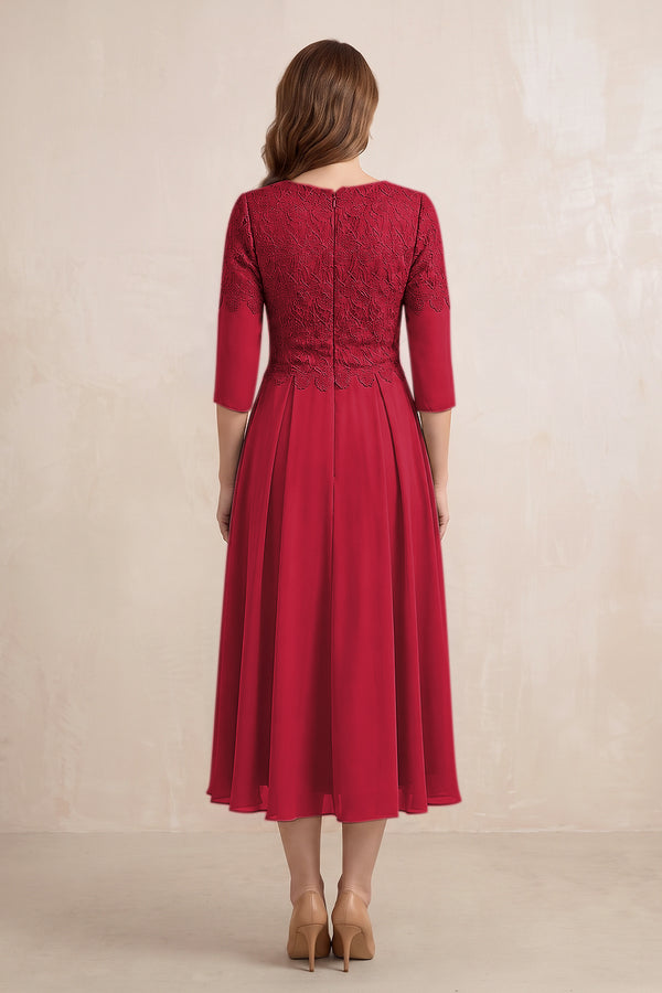 Burgundy Embroidered Chiffon A-Line Midi Mother of the Bride Dress (2) | KISSBRIDAL