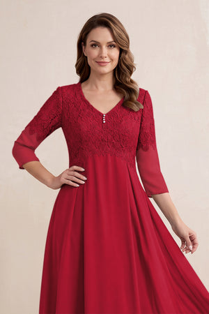 Burgundy Embroidered Chiffon A-Line Midi Mother of the Bride Dress (3) | KISSBRIDAL