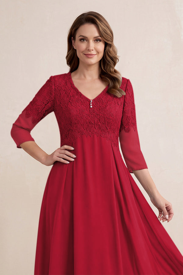 Burgundy Embroidered Chiffon A-Line Midi Mother of the Bride Dress (3) | KISSBRIDAL