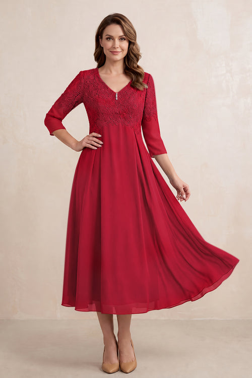 Burgundy Embroidered Chiffon A-Line Midi Mother of the Bride Dress | KISSBRIDAL