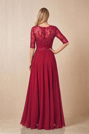 Burgundy Embroidered Chiffon Boat Neck A-Line Mother of the Bride Dress with Half Sleeves (2) | KISSBRIDAL