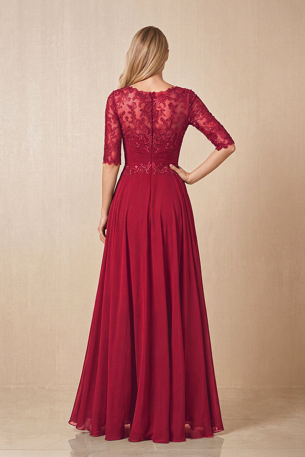 Burgundy Embroidered Chiffon Boat Neck A-Line Mother of the Bride Dress with Half Sleeves (2) | KISSBRIDAL