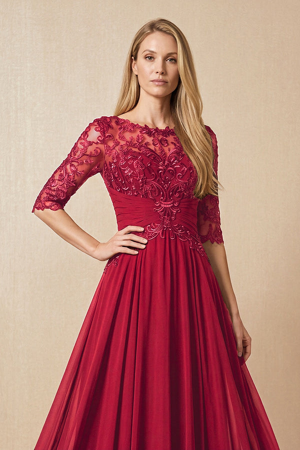 Burgundy Embroidered Chiffon Boat Neck A-Line Mother of the Bride Dress with Half Sleeves (3) | KISSBRIDAL