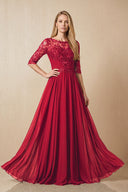 Burgundy Embroidered Chiffon Boat Neck A-Line Mother of the Bride Dress with Half Sleeves | KISSBRIDAL