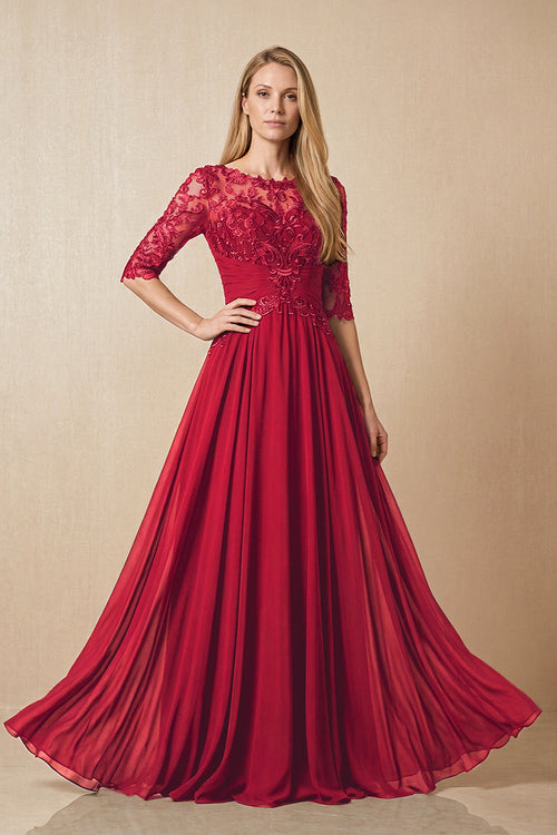 Burgundy Embroidered Chiffon Boat Neck A-Line Mother of the Bride Dress with Half Sleeves | KISSBRIDAL