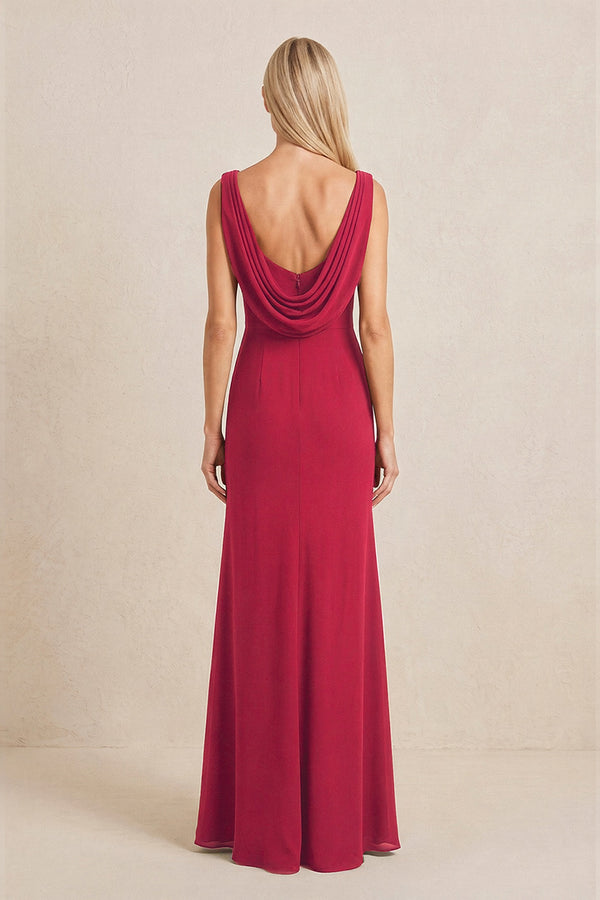 Burgundy Embroidered Cowl Neck Sheath Chiffon Mother of the Bride Dress (2) | KISSBRIDAL