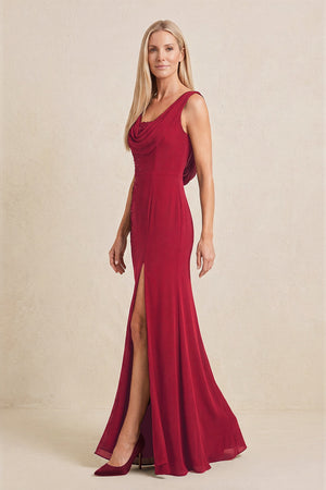 Burgundy Embroidered Cowl Neck Sheath Chiffon Mother of the Bride Dress (3) | KISSBRIDAL