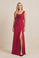 Burgundy Embroidered Cowl Neck Sheath Chiffon Mother of the Bride Dress | KISSBRIDAL