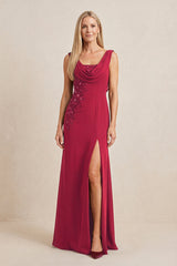 Burgundy Embroidered Cowl Neck Sheath Chiffon Mother of the Bride Dress | KISSBRIDAL