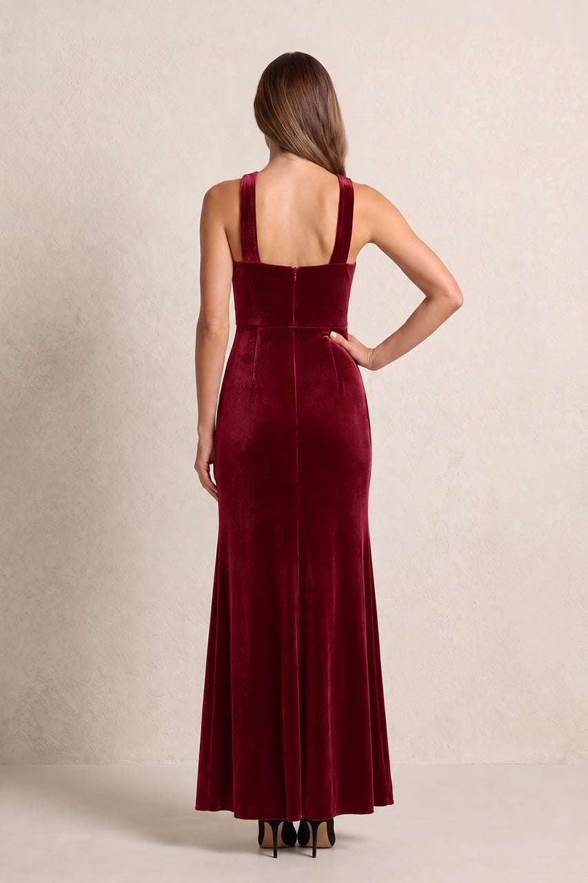 Burgundy Halter Velvet Sheath Mother of the Bride Dress