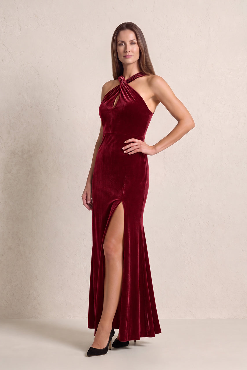 Burgundy Halter Velvet Sheath Mother of the Bride Dress