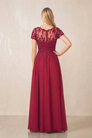 Burgundy Illusion Neck A-Line Chiffon Cap Sleeves Mother of the Bride Dress (2) | KISSBRIDAL