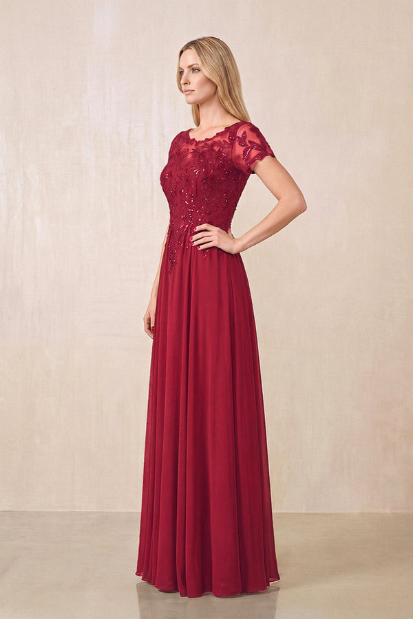 Burgundy Illusion Neck A-Line Chiffon Cap Sleeves Mother of the Bride Dress (3) | KISSBRIDAL