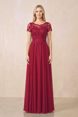 Burgundy Illusion Neck A-Line Chiffon Cap Sleeves Mother of the Bride Dress | KISSBRIDAL