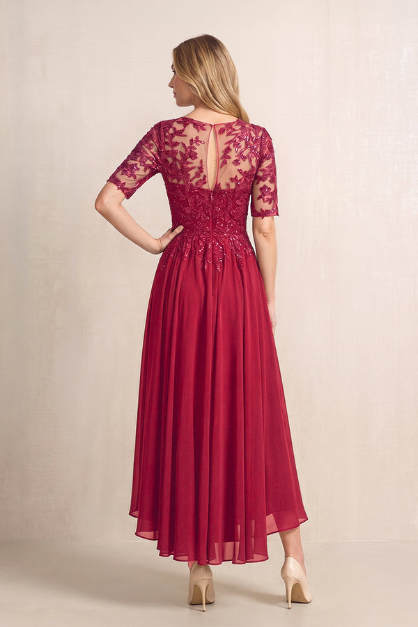 Burgundy Illusion Neck A-Line Chiffon Lace Midi Mother of the Bride Dress with Half Sleeves (2) | KISSBRIDAL