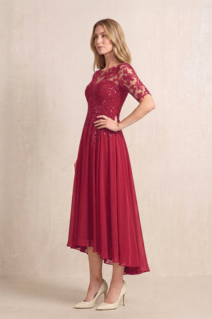 Burgundy Illusion Neck A-Line Chiffon Lace Midi Mother of the Bride Dress with Half Sleeves (3) | KISSBRIDAL