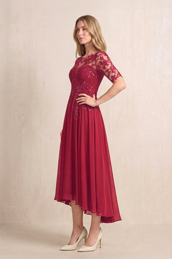 Burgundy Illusion Neck A-Line Chiffon Lace Midi Mother of the Bride Dress with Half Sleeves (3) | KISSBRIDAL