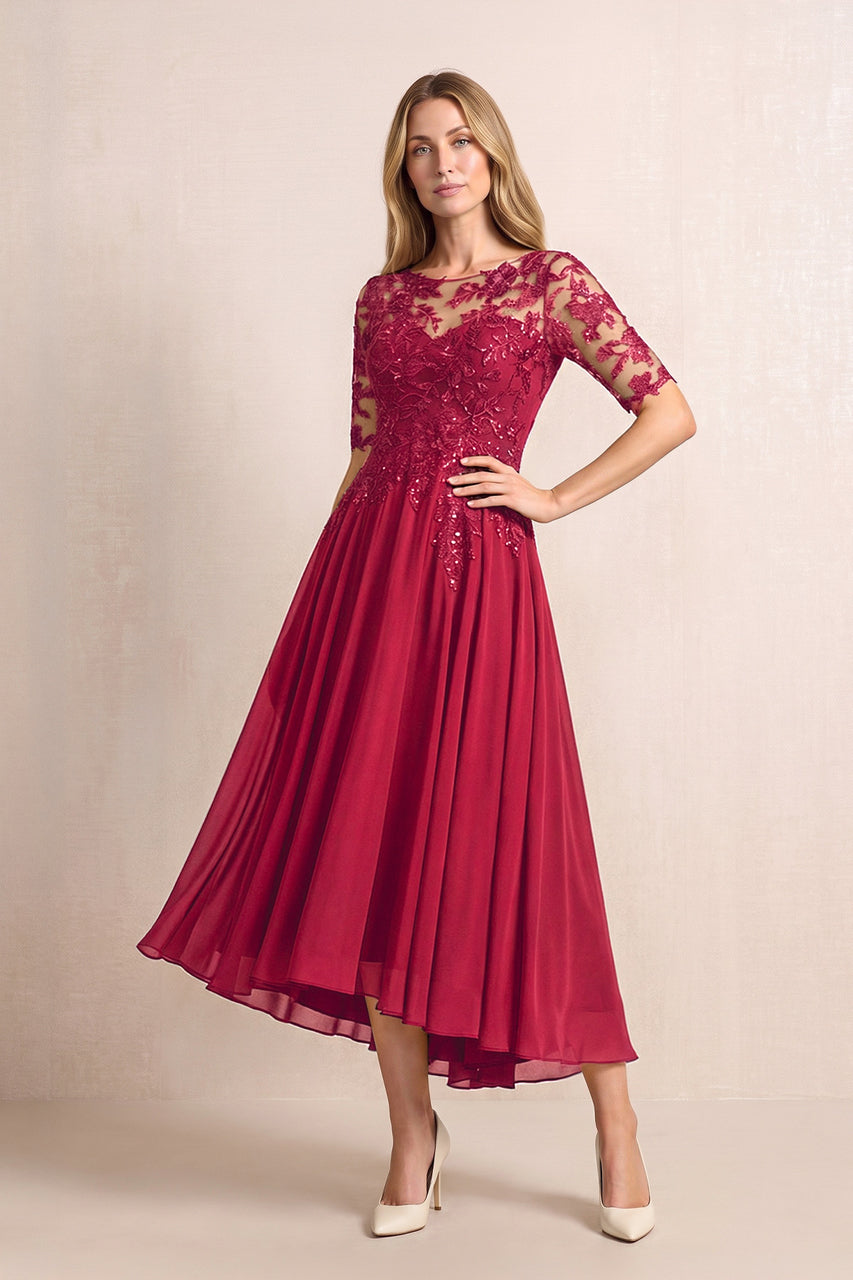 Burgundy Illusion Neck A-Line Chiffon Lace Midi Mother of the Bride Dress with Half Sleeves