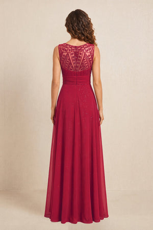 Burgundy Illusion Neck A-Line Satin Embroidered Pleated Mother of the Bride Dress (2) | KISSBRIDAL
