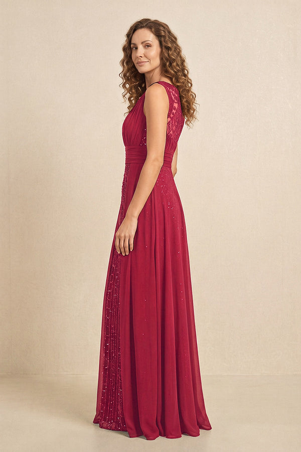 Burgundy Illusion Neck A-Line Satin Embroidered Pleated Mother of the Bride Dress (3) | KISSBRIDAL