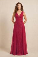 Burgundy Illusion Neck A-Line Satin Embroidered Pleated Mother of the Bride Dress | KISSBRIDAL