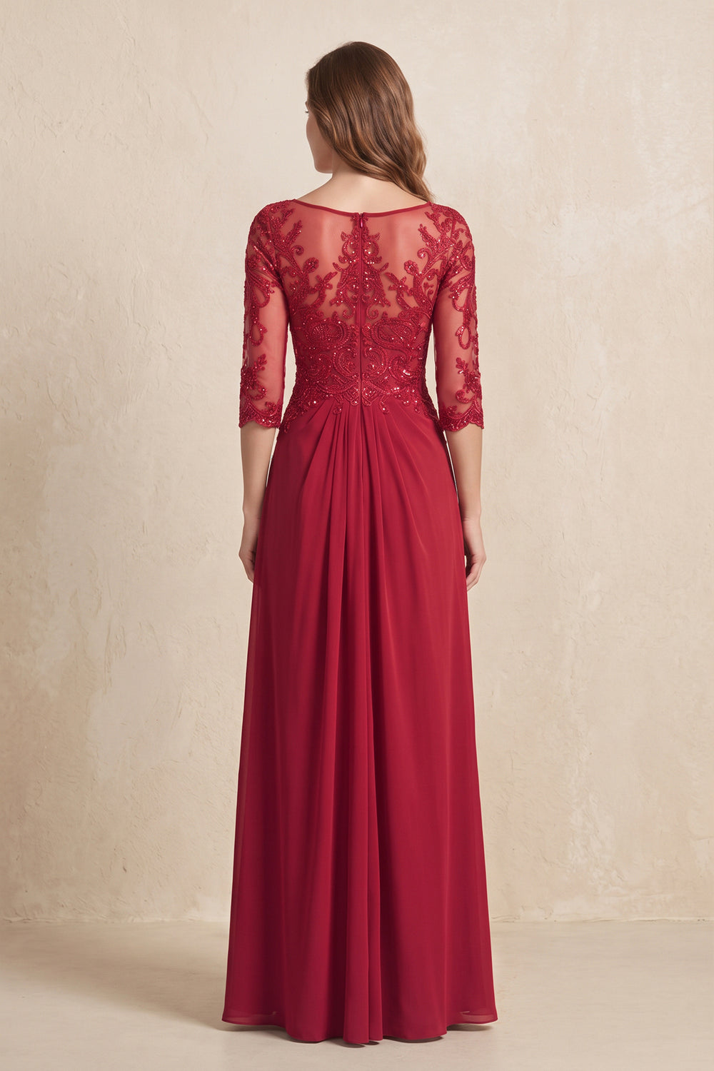 Burgundy Illusion Neck Sheath Embroidered Chiffon Mother of the Bride Dress with Half Sleeves