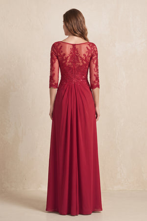 Burgundy Illusion Neck Sheath Embroidered Chiffon Mother of the Bride Dress with Half Sleeves (2) | KISSBRIDAL